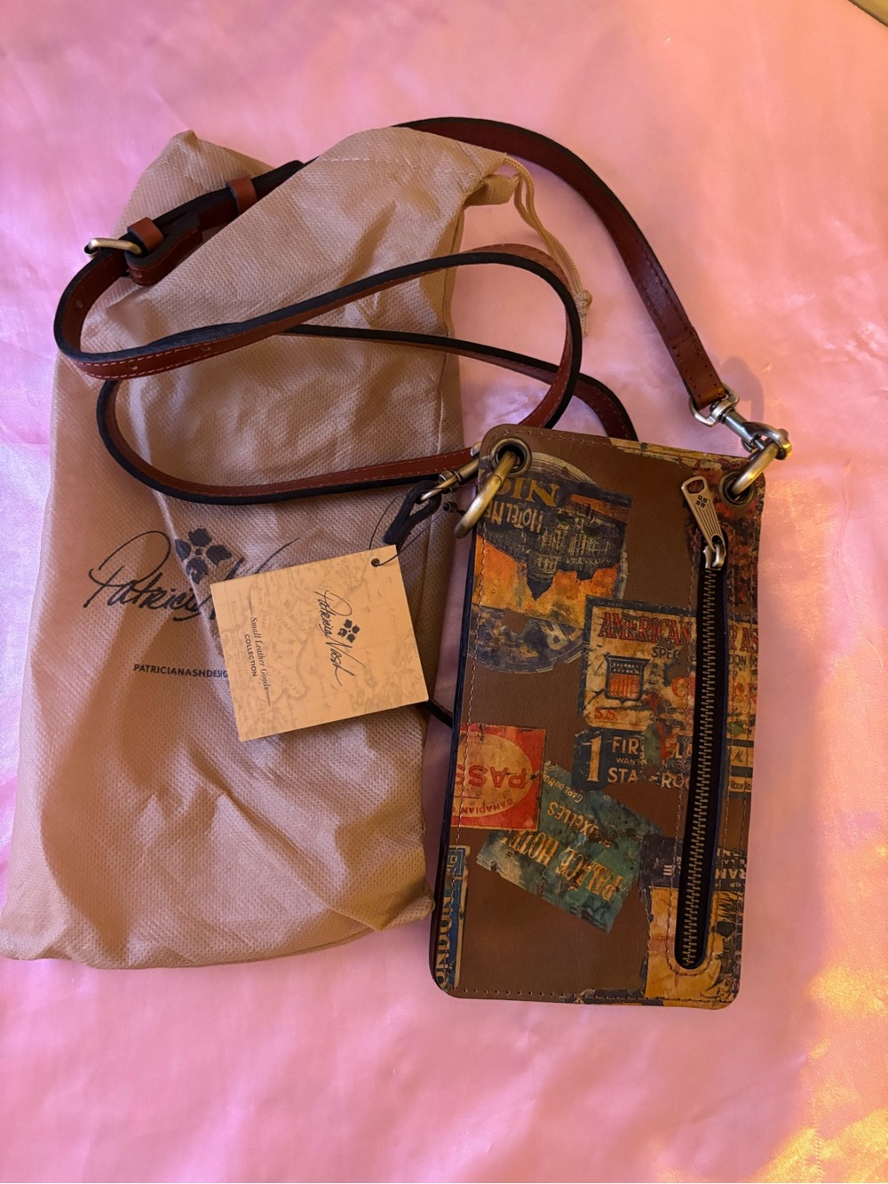 Patricia Nash Brown Leather Vintage Collage Crossbody Wallet